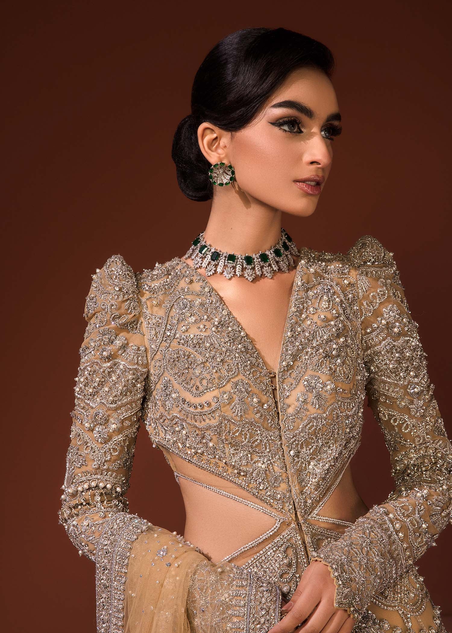 Indian Mustard Gold Embellished Net Gown with Lehenga (3-Piece) - Image 14