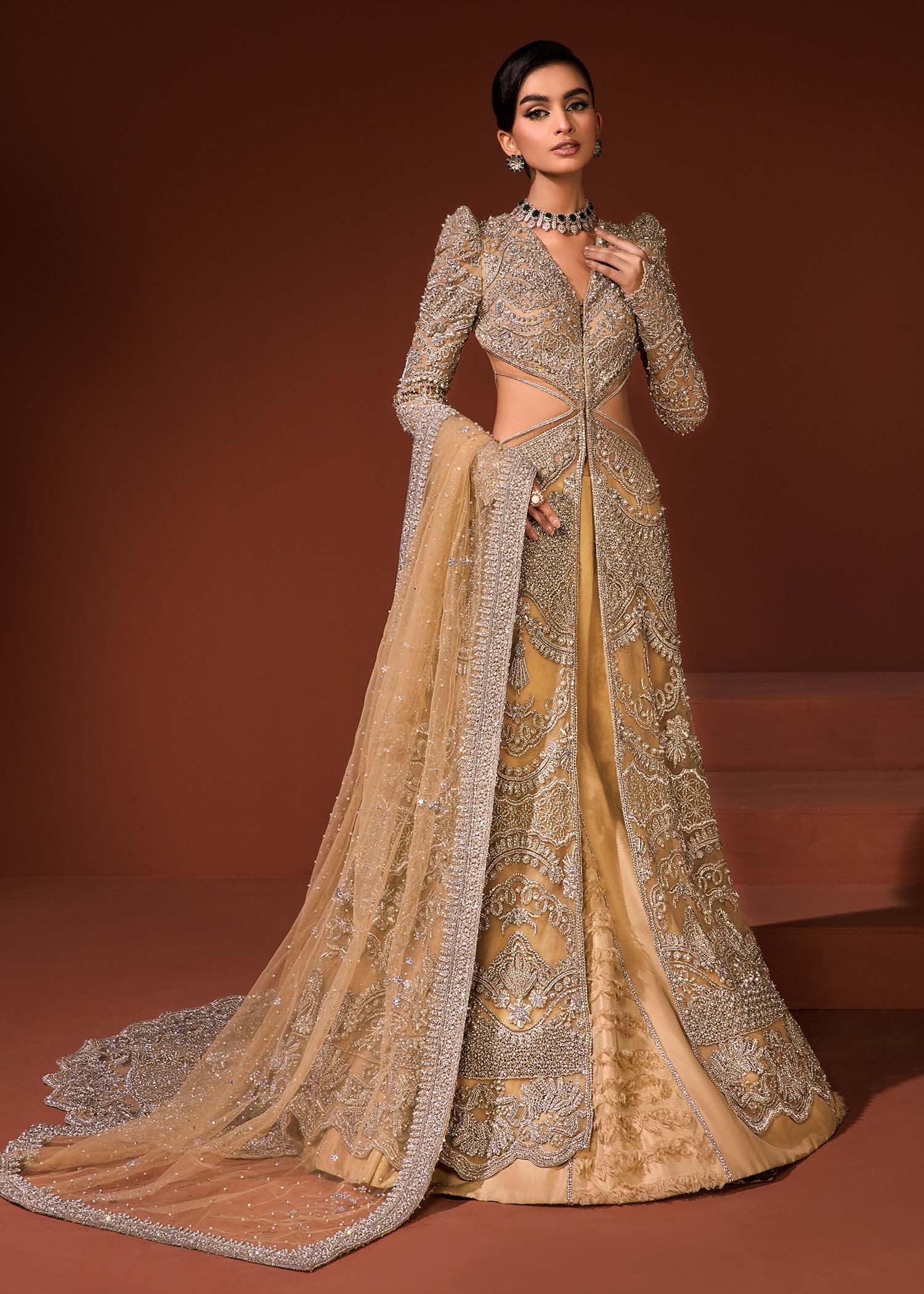 Indian Mustard Gold Embellished Net Gown with Lehenga (3-Piece) - Image 2