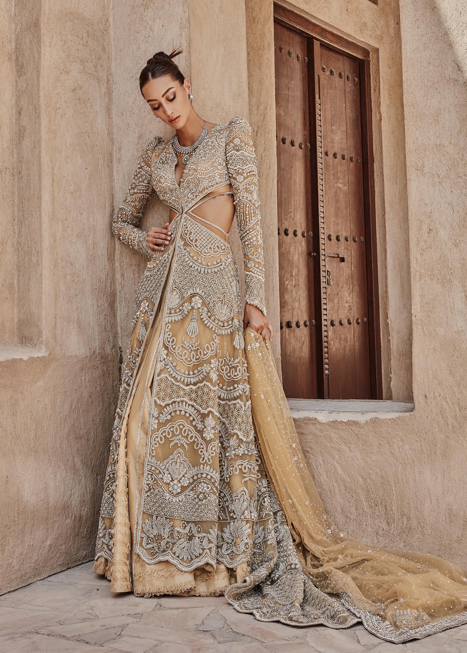 Indian Mustard Gold Embellished Net Gown with Lehenga (3-Piece) - Image 3
