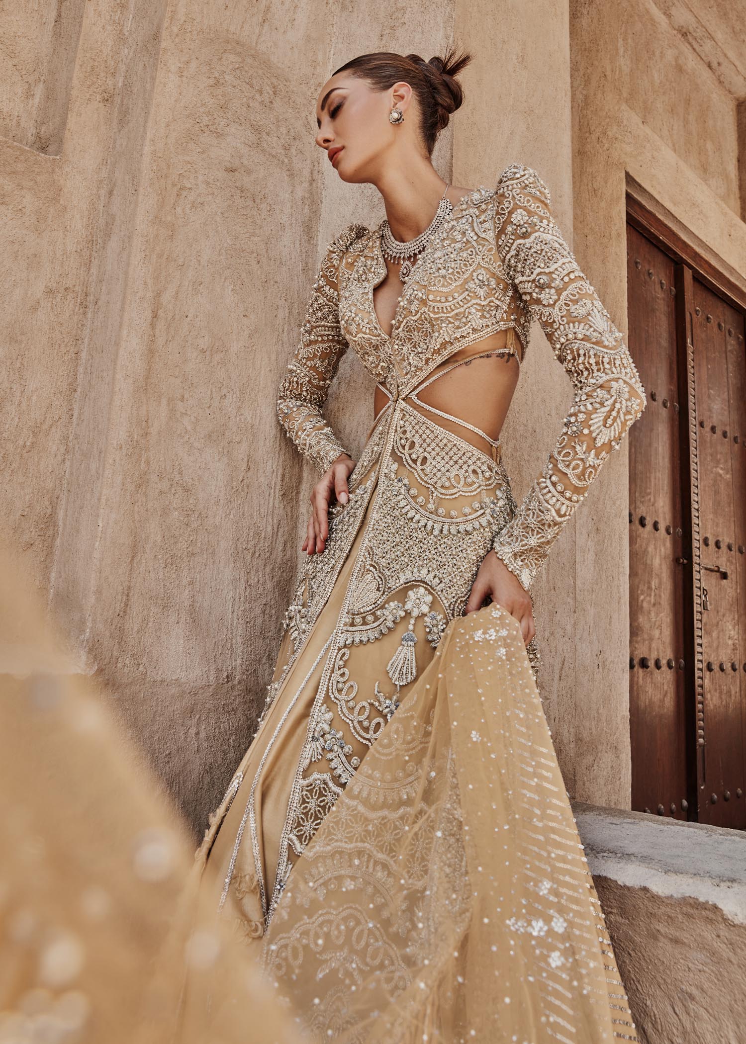 Indian Mustard Gold Embellished Net Gown with Lehenga (3-Piece) - Image 9