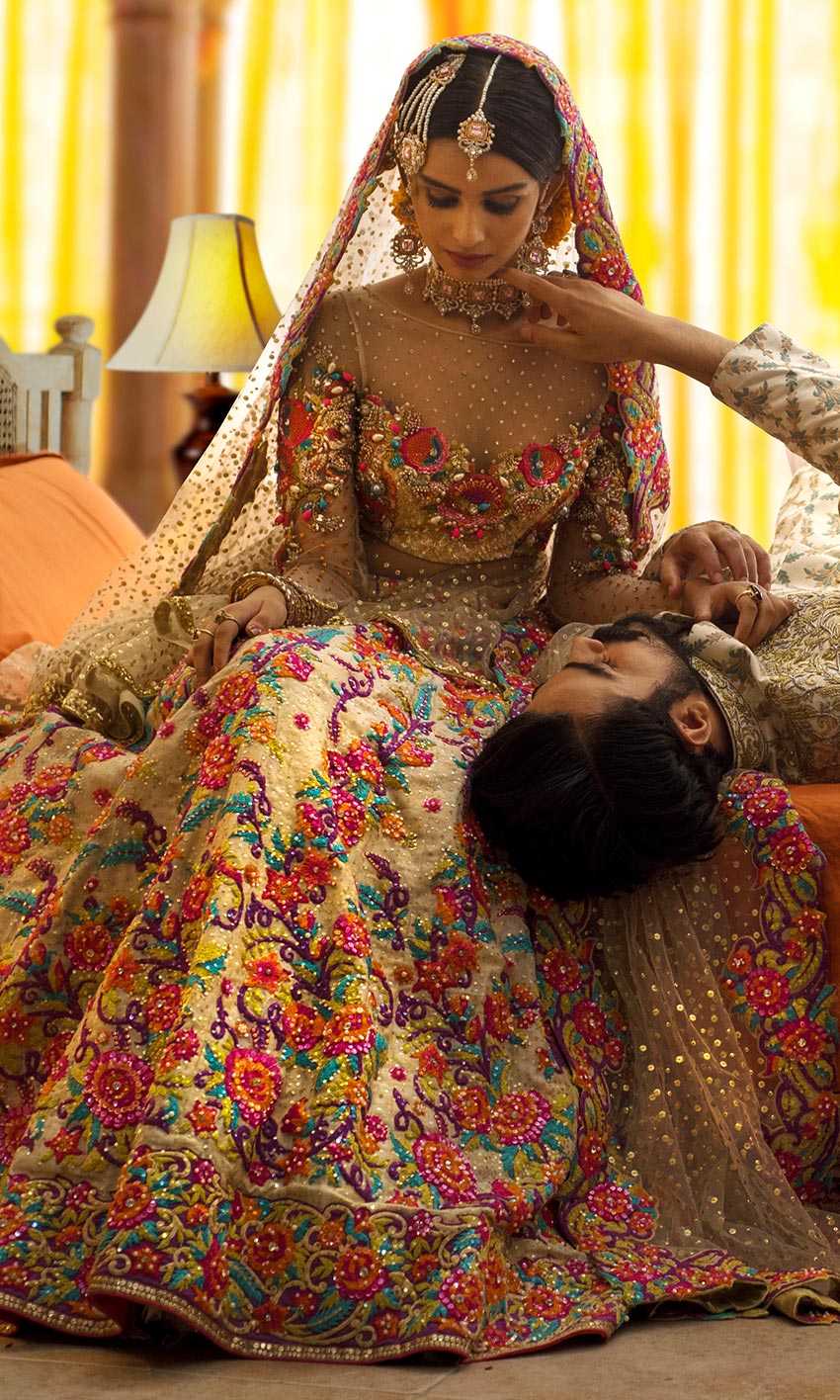 Pakistani Champagne Multicolour Embroidered Raw Silk Bridal Lehenga (3-Piece) - Image 1