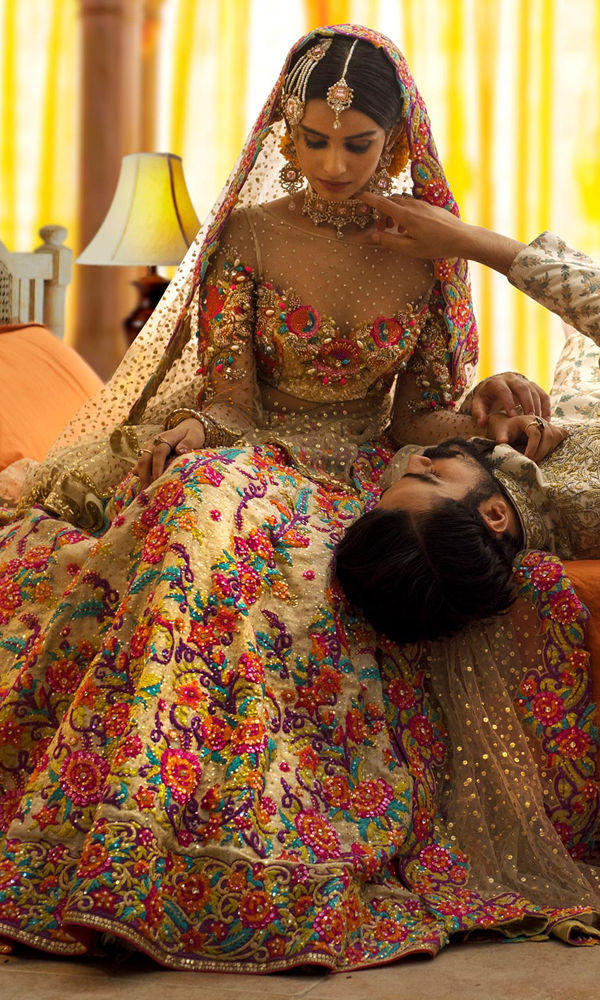 Pakistani Champagne Multicolour Embroidered Raw Silk Bridal Lehenga (3-Piece) - Image 2