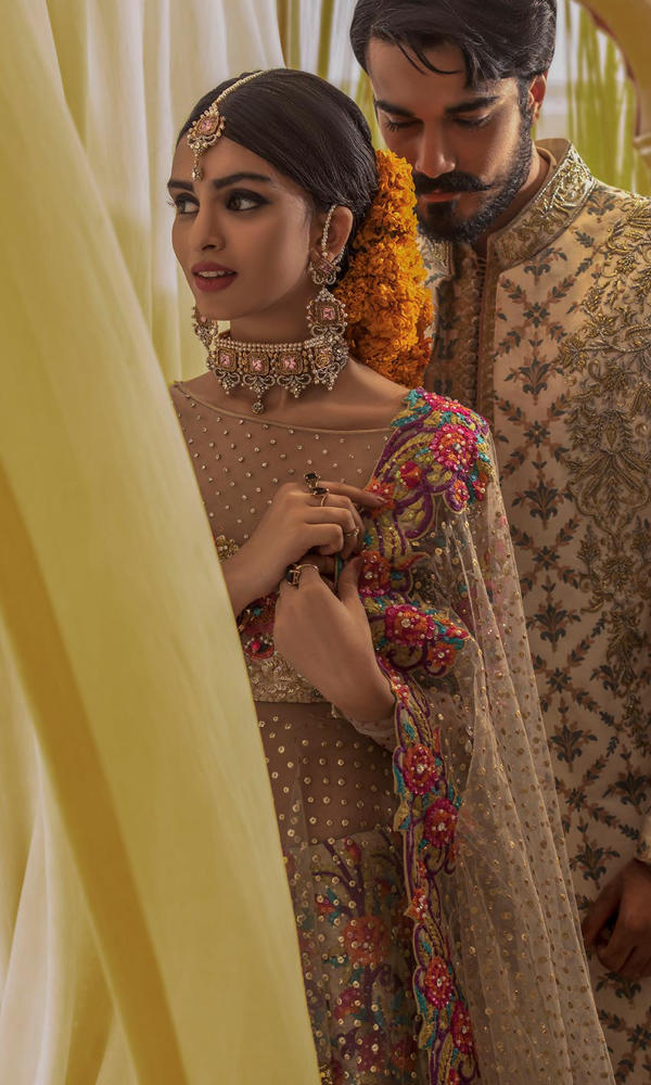 Pakistani Champagne Multicolour Embroidered Raw Silk Bridal Lehenga (3-Piece) - Image 4