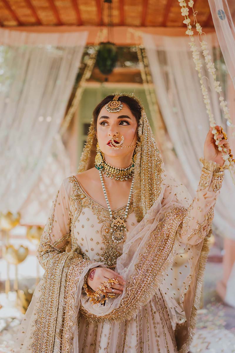 Pakistani Antique Gold Embellished Net Peshwas Dress (3-Piece) - Image 1