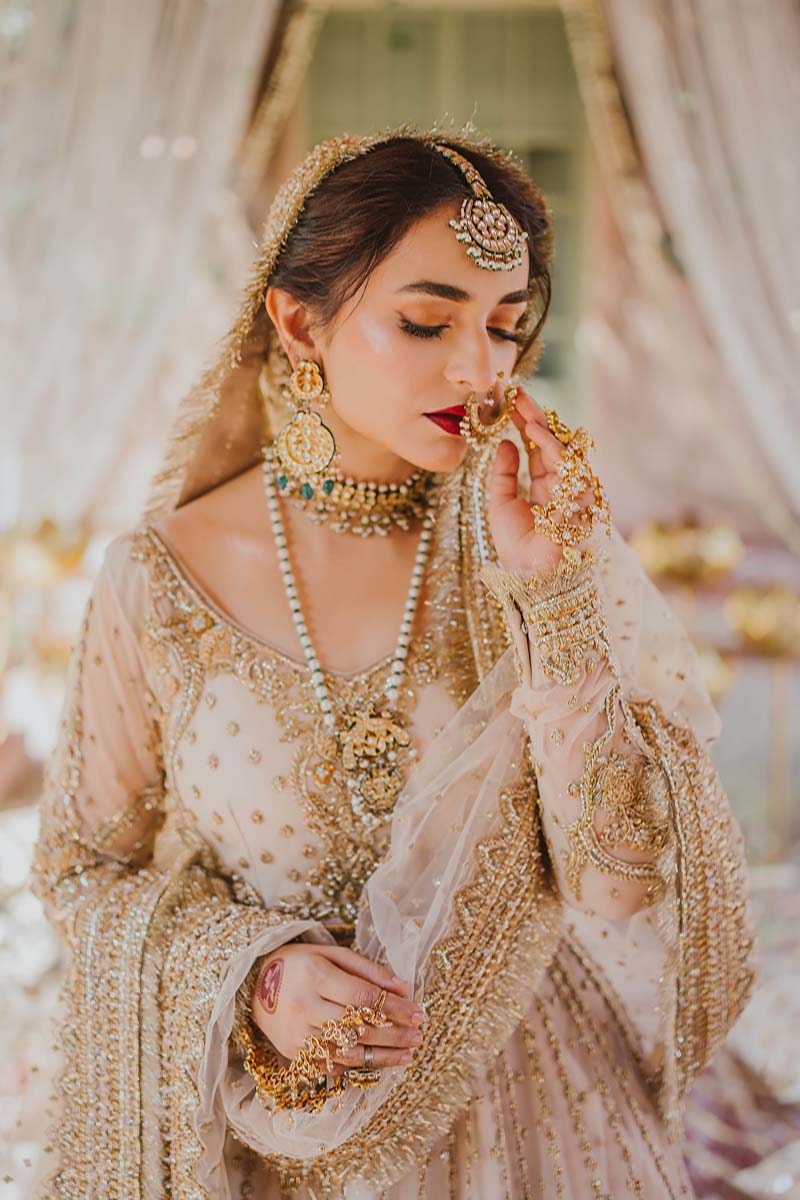 Pakistani Antique Gold Embellished Net Peshwas Dress (3-Piece) - Image 5