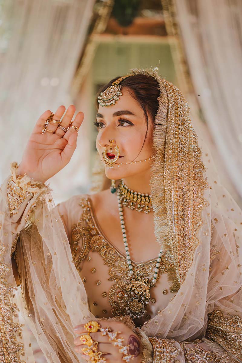 Pakistani Antique Gold Embellished Net Peshwas Dress (3-Piece) - Image 7