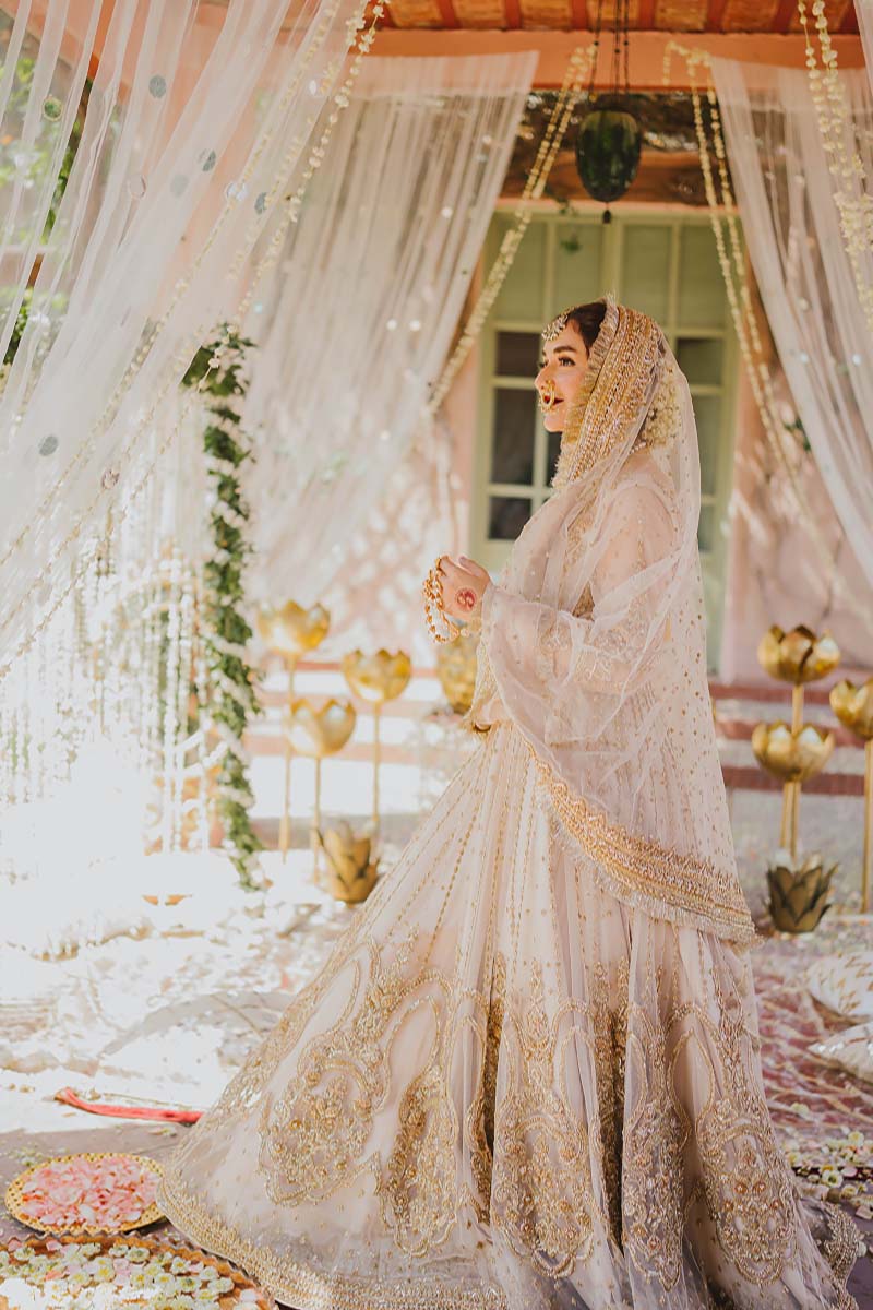 Pakistani Antique Gold Embellished Net Peshwas Dress (3-Piece) - Image 8