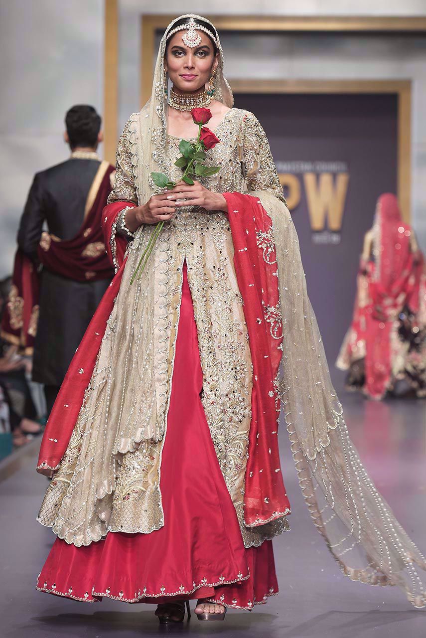 Gold Zari Embroidered Long Shirt with Red Silk Lehenga (3-Piece) - Image 1