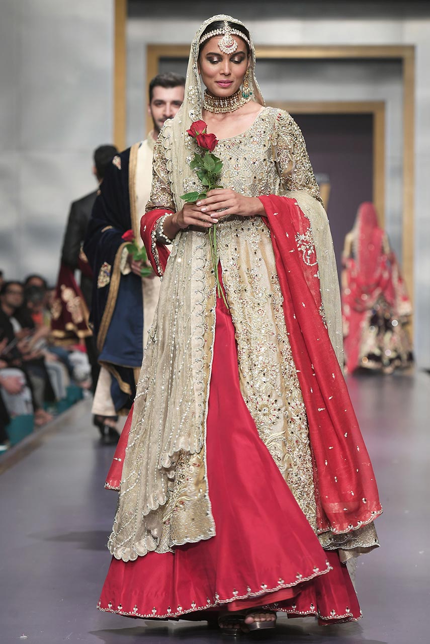 Gold Zari Embroidered Long Shirt with Red Silk Lehenga (3-Piece) - Image 2