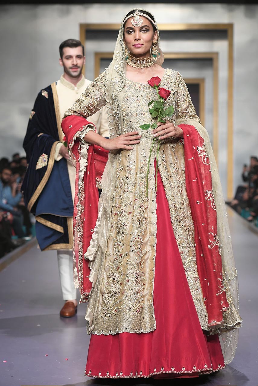 Gold Zari Embroidered Long Shirt with Red Silk Lehenga (3-Piece) - Image 3