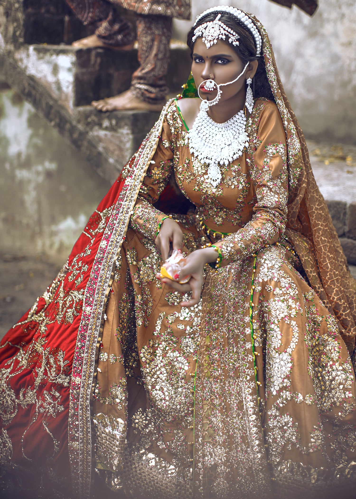 Mustard Gold Embroidered Raw Silk Lehenga Choli (3-Piece) - Image 1