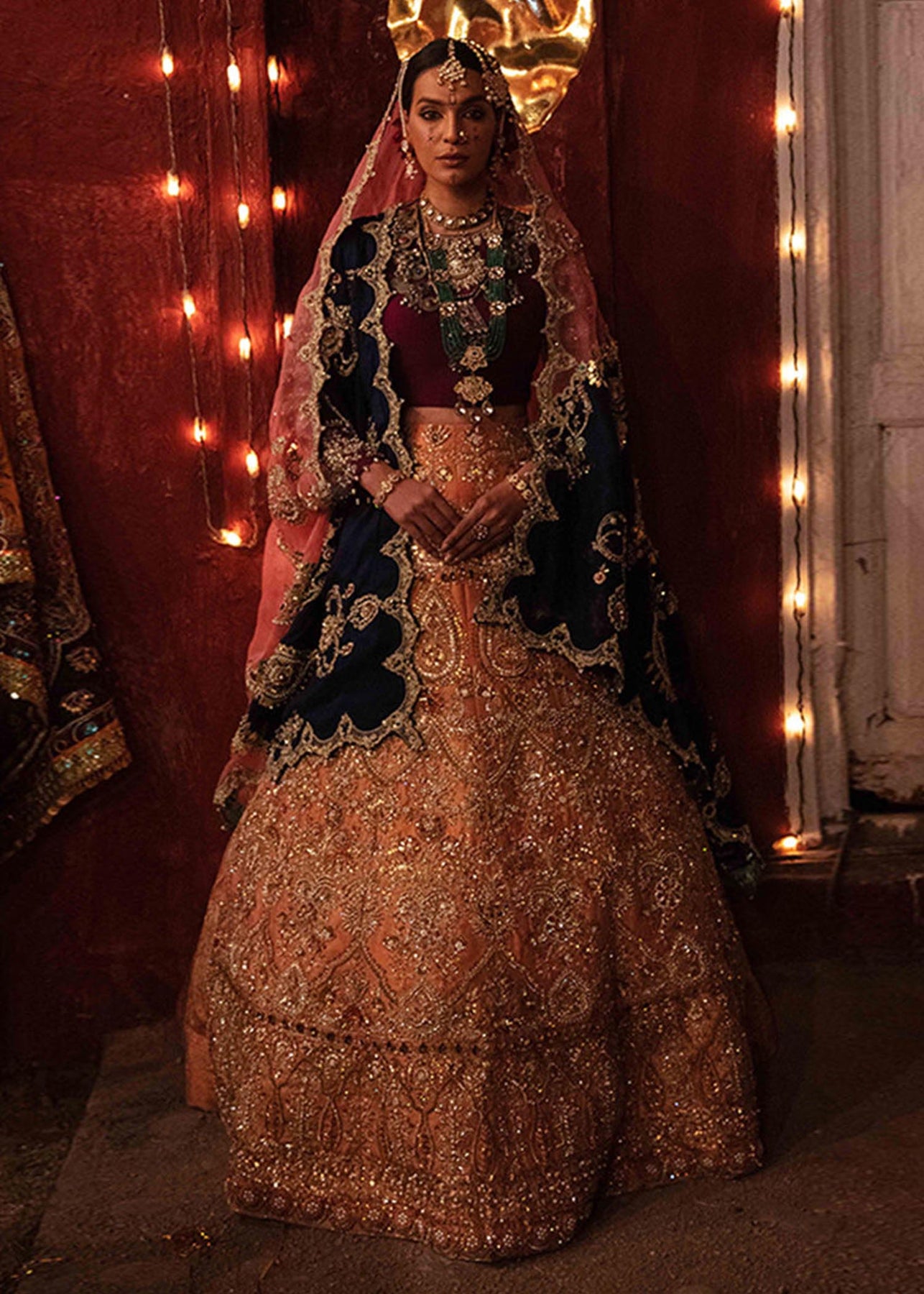 Pakistani Rose Gold Zardozi Raw Silk Lehenga (3-Piece) - Image 2