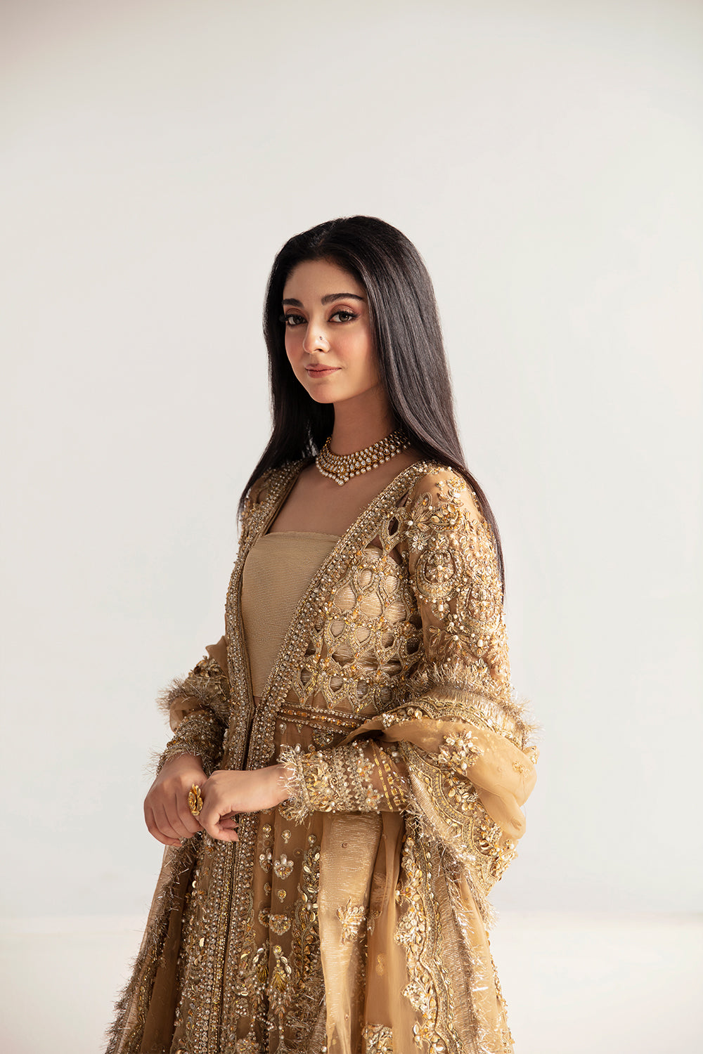 Pakistani Champagne Brown Hand Embellished Organza Pishwas (3-Piece) - Image 4