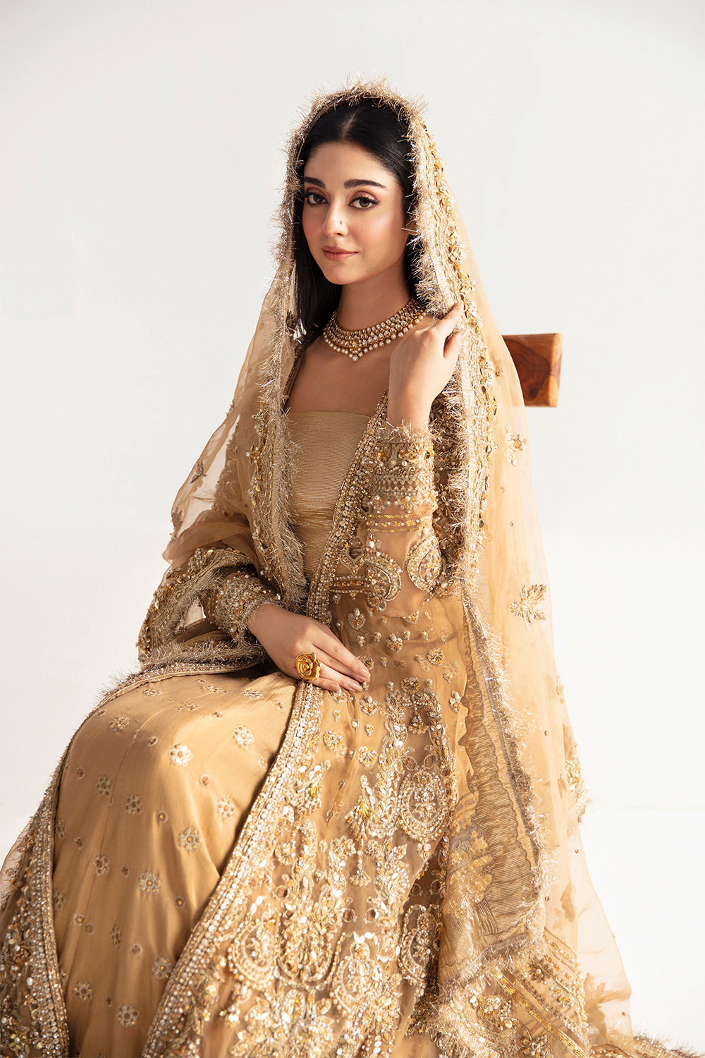 Pakistani Champagne Brown Hand Embellished Organza Pishwas (3-Piece) - Image 5