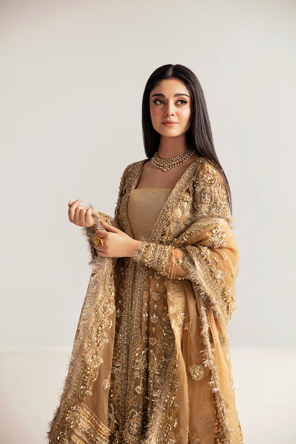 Pakistani Champagne Brown Hand Embellished Organza Pishwas (3-Piece) - Image 6