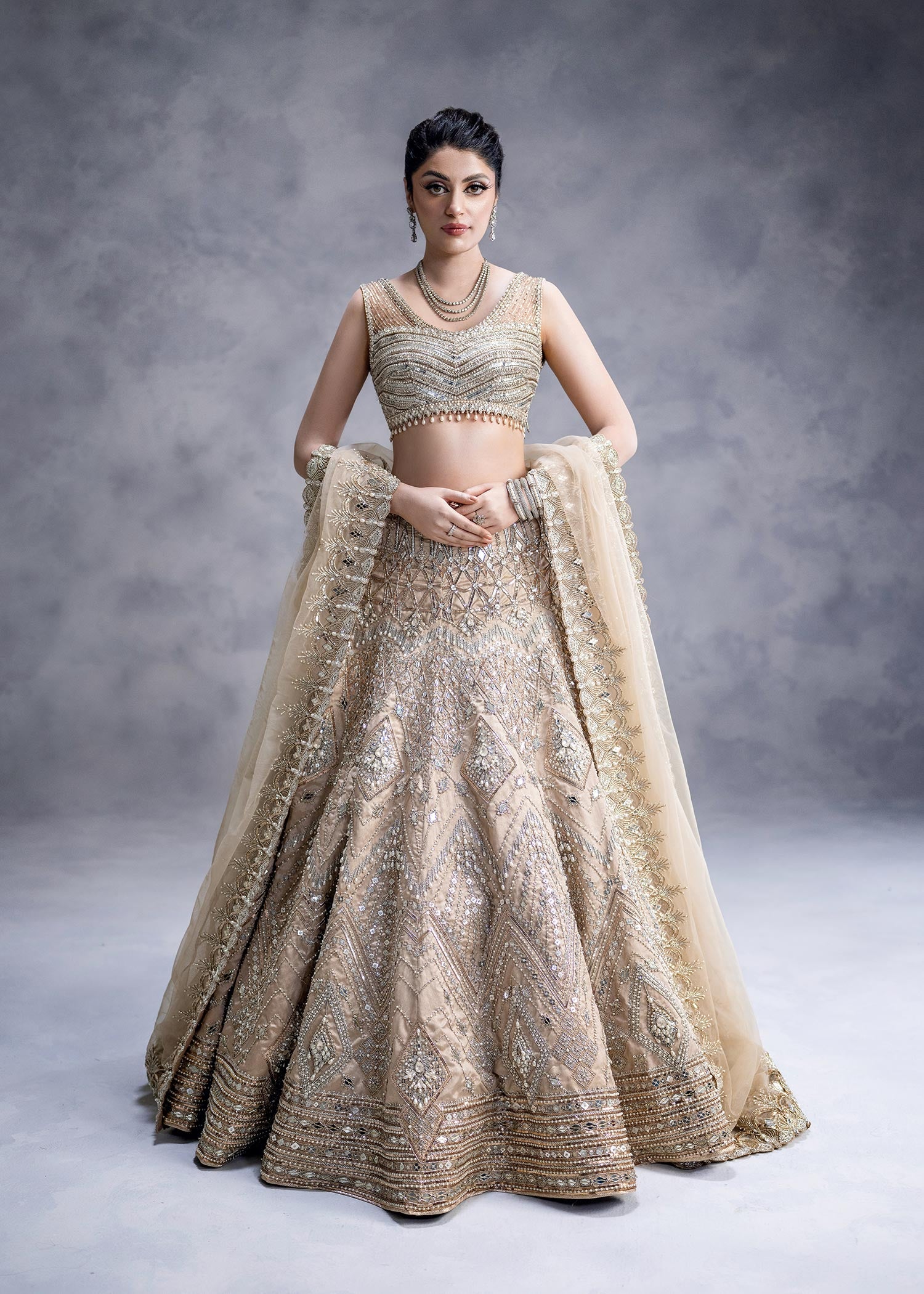 Pakistani Rose Gold Zardozi Mirror Silk Lehenga Choli (3-Piece) - Image 1