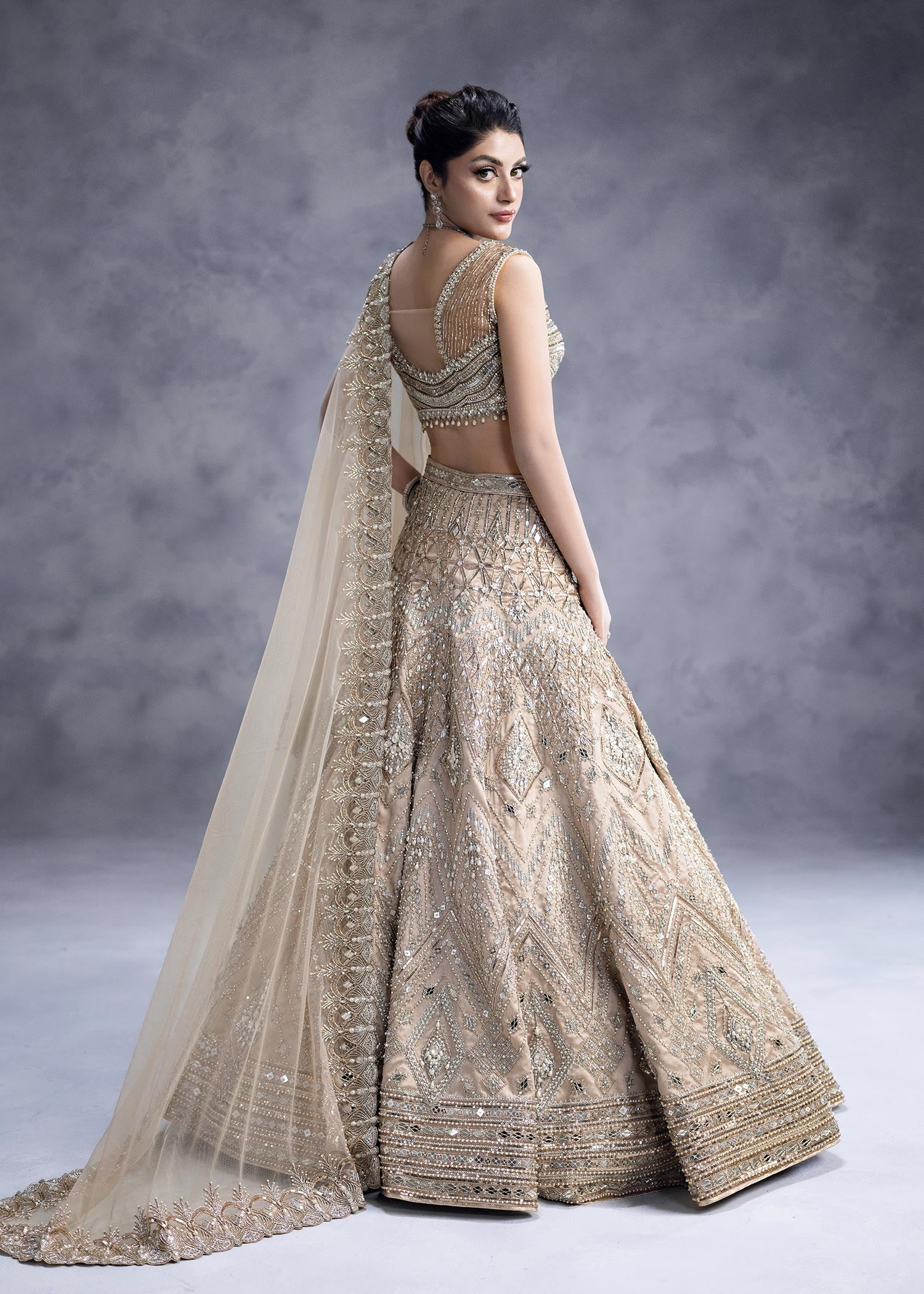 Pakistani Rose Gold Zardozi Mirror Silk Lehenga Choli (3-Piece) - Image 3
