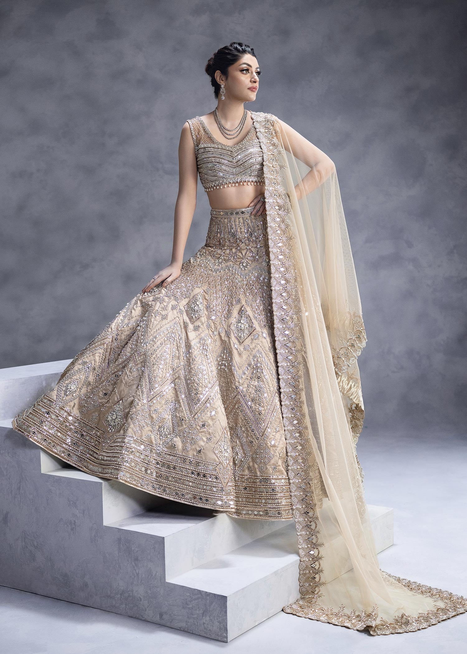 Pakistani Rose Gold Zardozi Mirror Silk Lehenga Choli (3-Piece) - Image 4