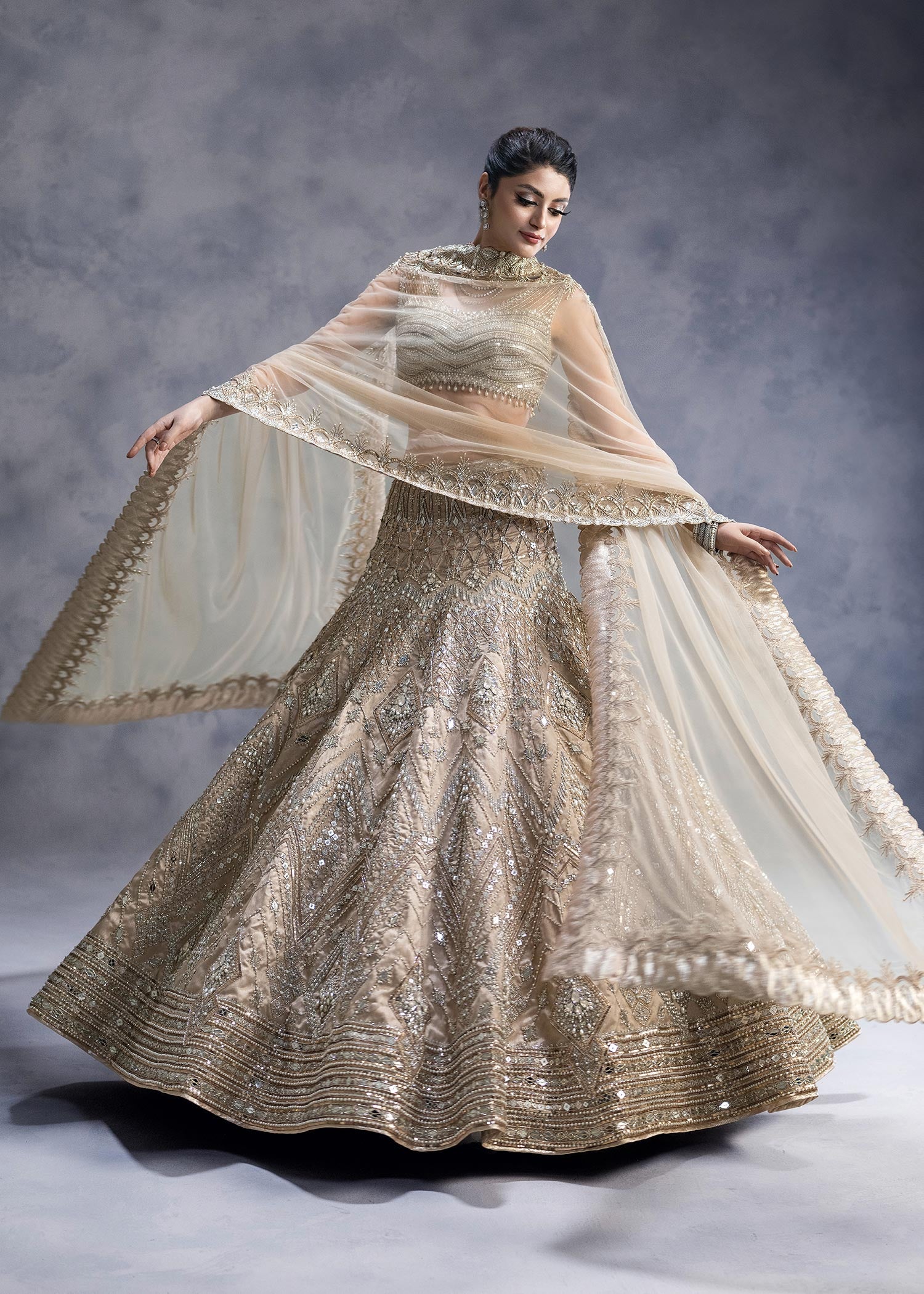 Pakistani Rose Gold Zardozi Mirror Silk Lehenga Choli (3-Piece) - Image 6