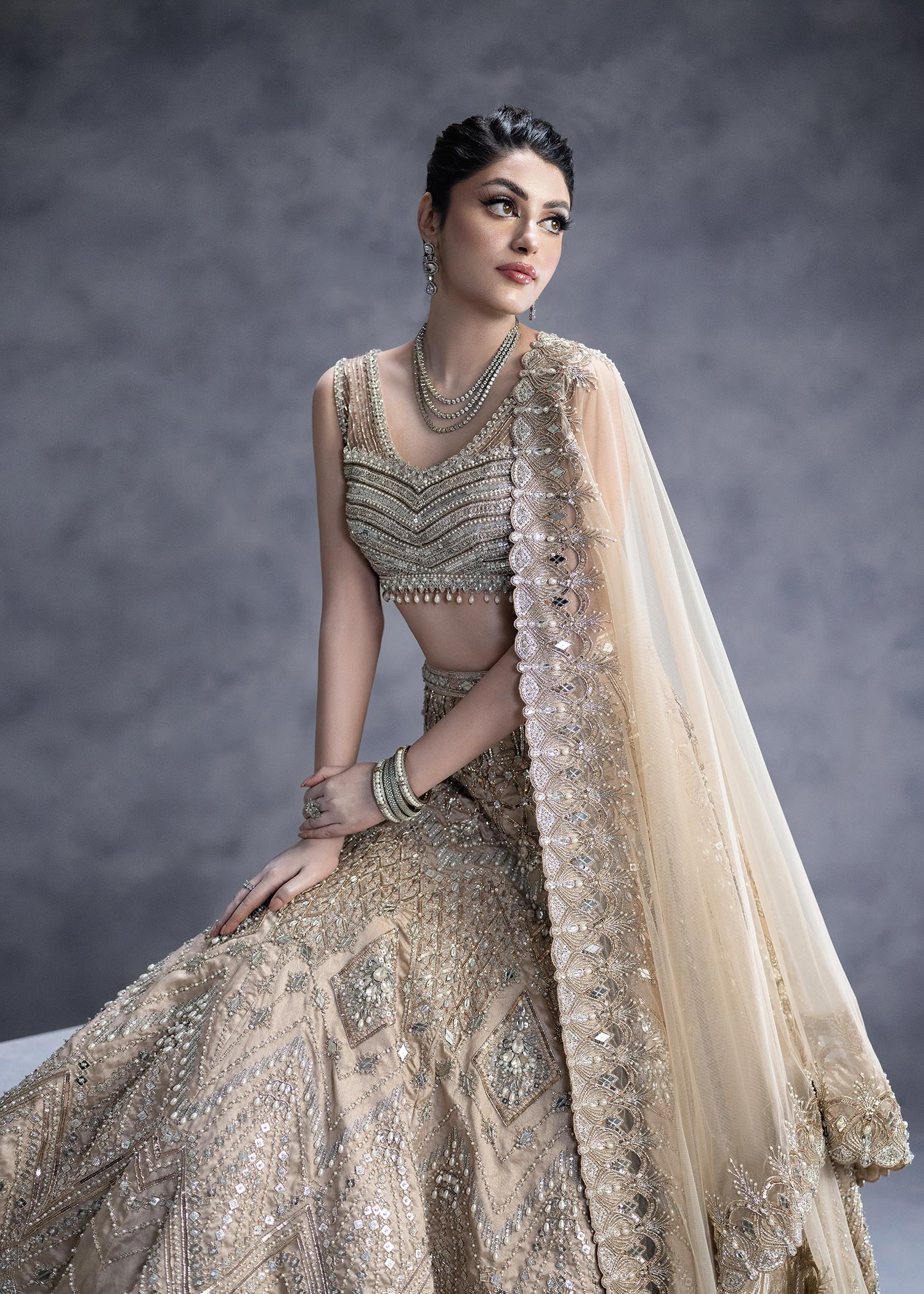 Rose Gold Zardozi Net Raw Silk Lehenga Choli (3-Piece) - Image 2