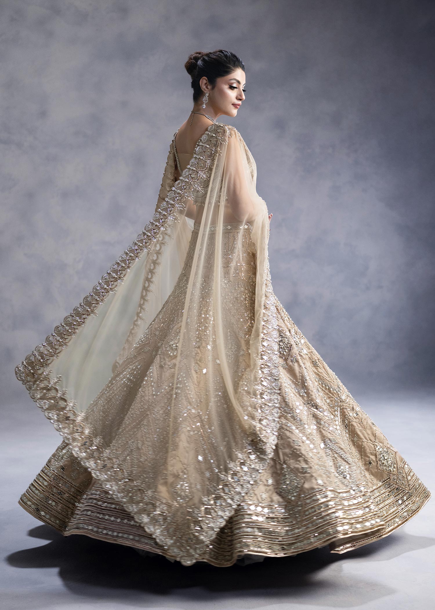 Rose Gold Zardozi Net Raw Silk Lehenga Choli (3-Piece) - Image 5