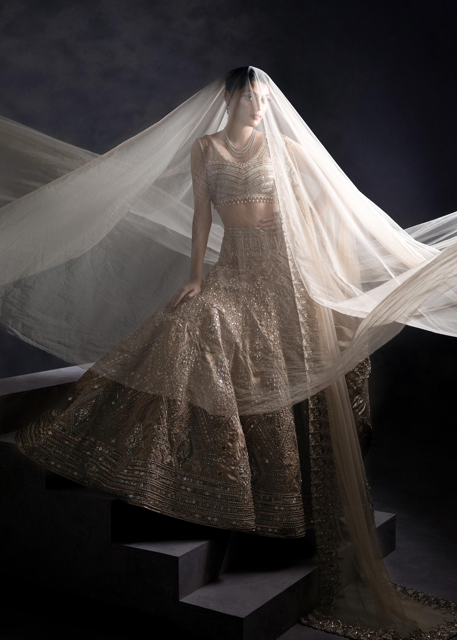 Rose Gold Zardozi Net Raw Silk Lehenga Choli (3-Piece) - Image 7