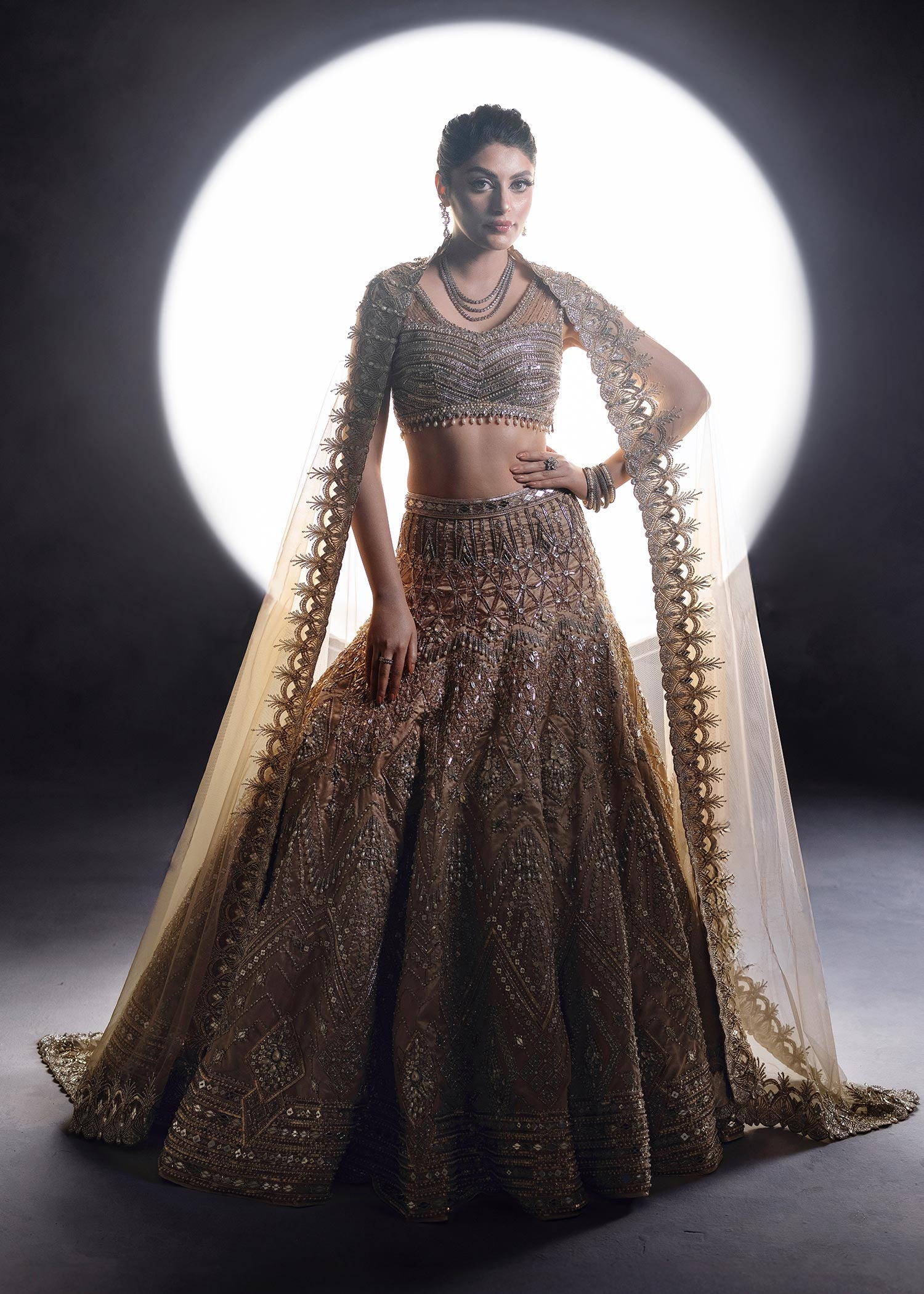 Rose Gold Zardozi Net Raw Silk Lehenga Choli (3-Piece) - Image 8