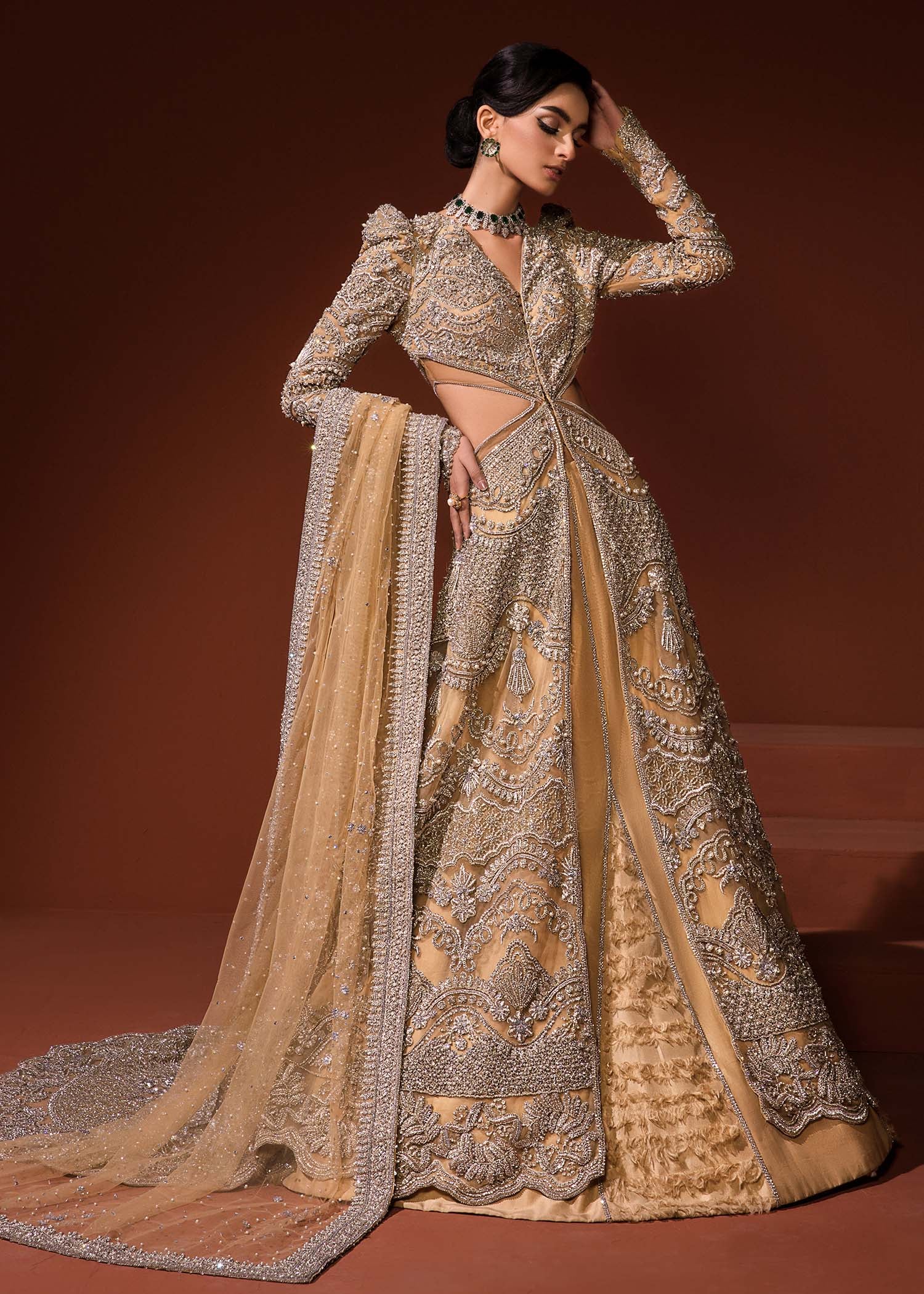 Pakistani Mustard Gold Embellished Net Gown with Raw Silk Lehenga (3-Piece) - Image 14