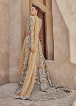 Pakistani Mustard Gold Embellished Net Gown with Raw Silk Lehenga (3-Piece) - Image 4
