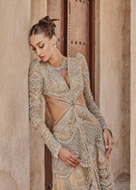 Pakistani Mustard Gold Embellished Net Gown with Raw Silk Lehenga (3-Piece) - Image 5