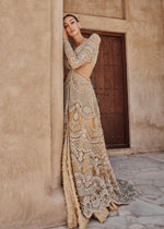 Pakistani Mustard Gold Embellished Net Gown with Raw Silk Lehenga (3-Piece) - Image 6