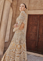 Pakistani Mustard Gold Embellished Net Gown with Raw Silk Lehenga (3-Piece) - Image 7