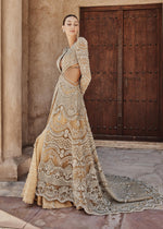 Pakistani Mustard Gold Embellished Net Gown with Raw Silk Lehenga (3-Piece) - Image 8