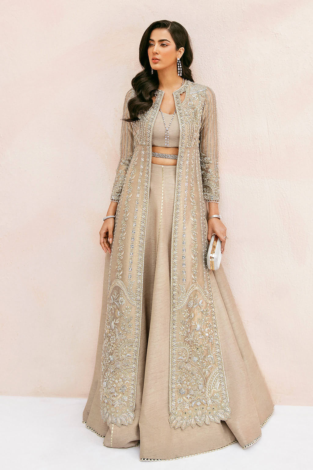 Indian Gold Embroidered Tissue Jacket with Raw Silk Lehenga (3-Piece) - Image 1