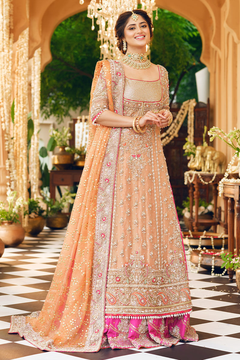 Pakistani Gold Embroidered Tissue Bridal Lehenga (3-Piece) - Image 1