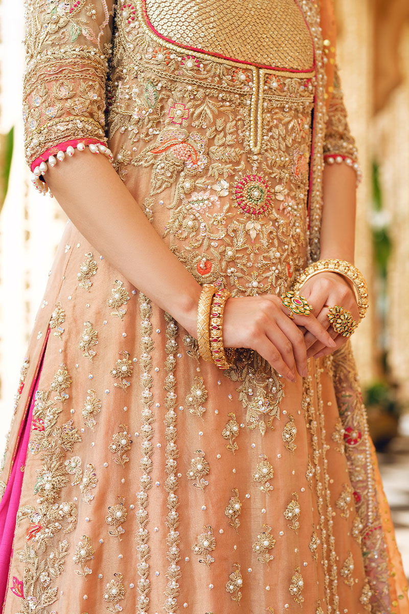 Pakistani Gold Embroidered Tissue Bridal Lehenga (3-Piece) - Image 4