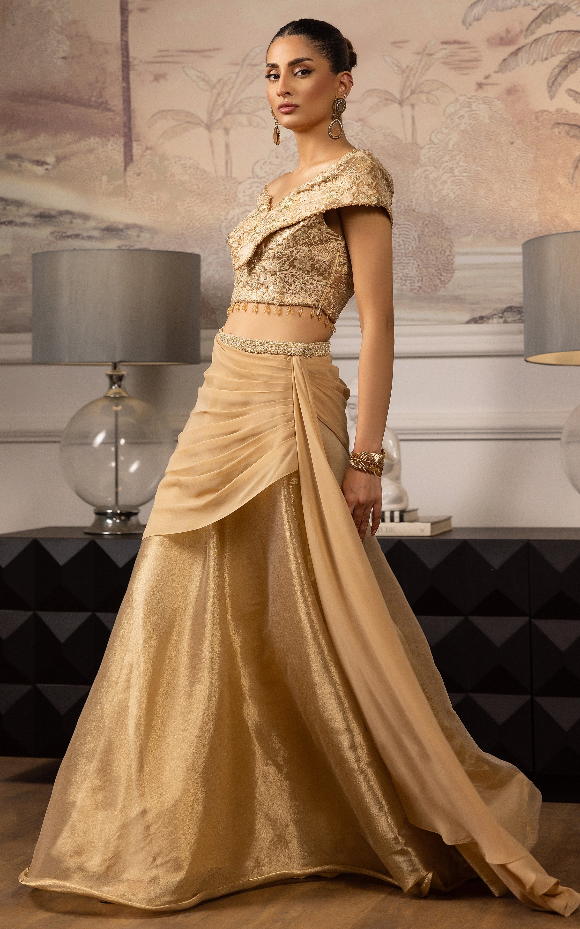 Pakistani Gold Embroidered Satin-Silk Lehenga Set (2-Piece) - Image 1