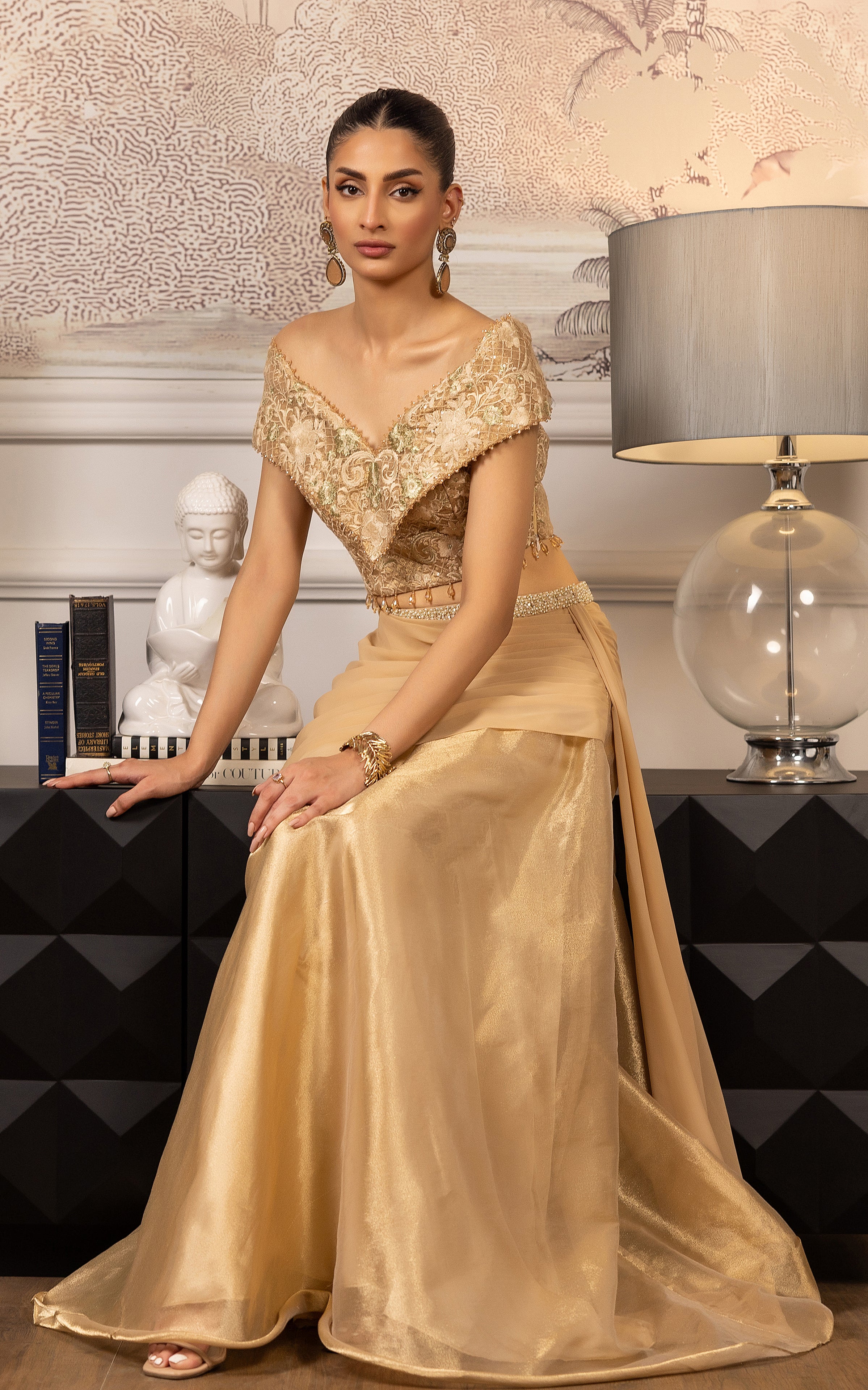 Pakistani Gold Embroidered Satin-Silk Lehenga Set (2-Piece) - Image 2