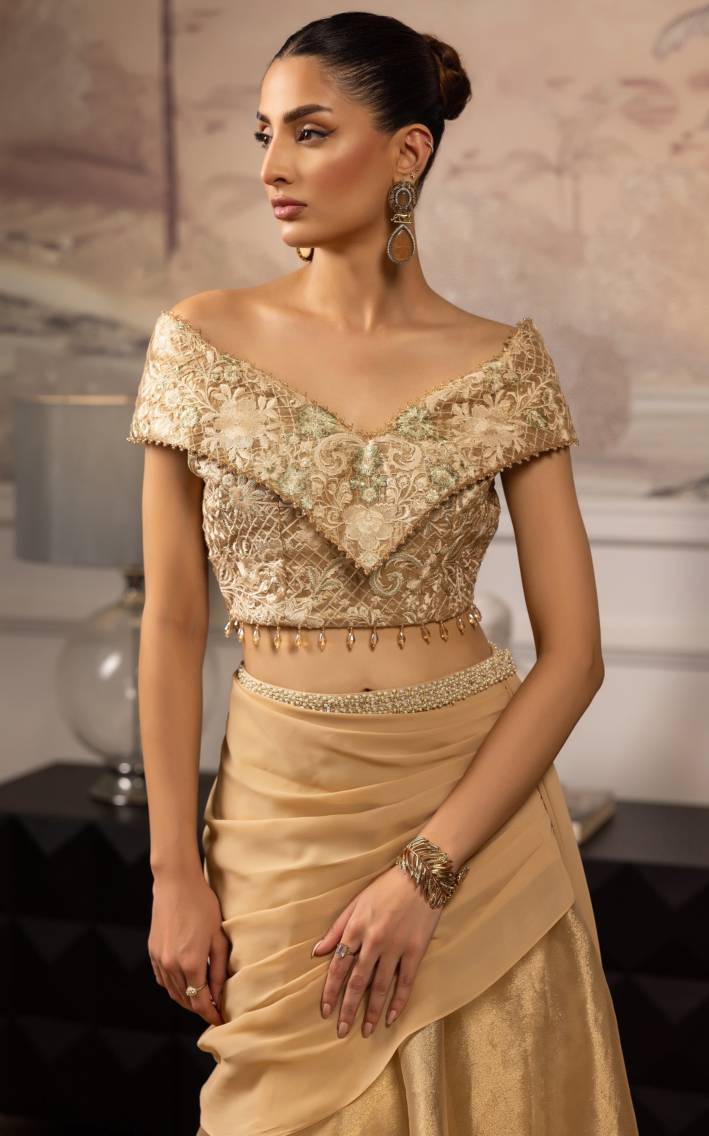 Pakistani Gold Embroidered Satin-Silk Lehenga Set (2-Piece) - Image 3