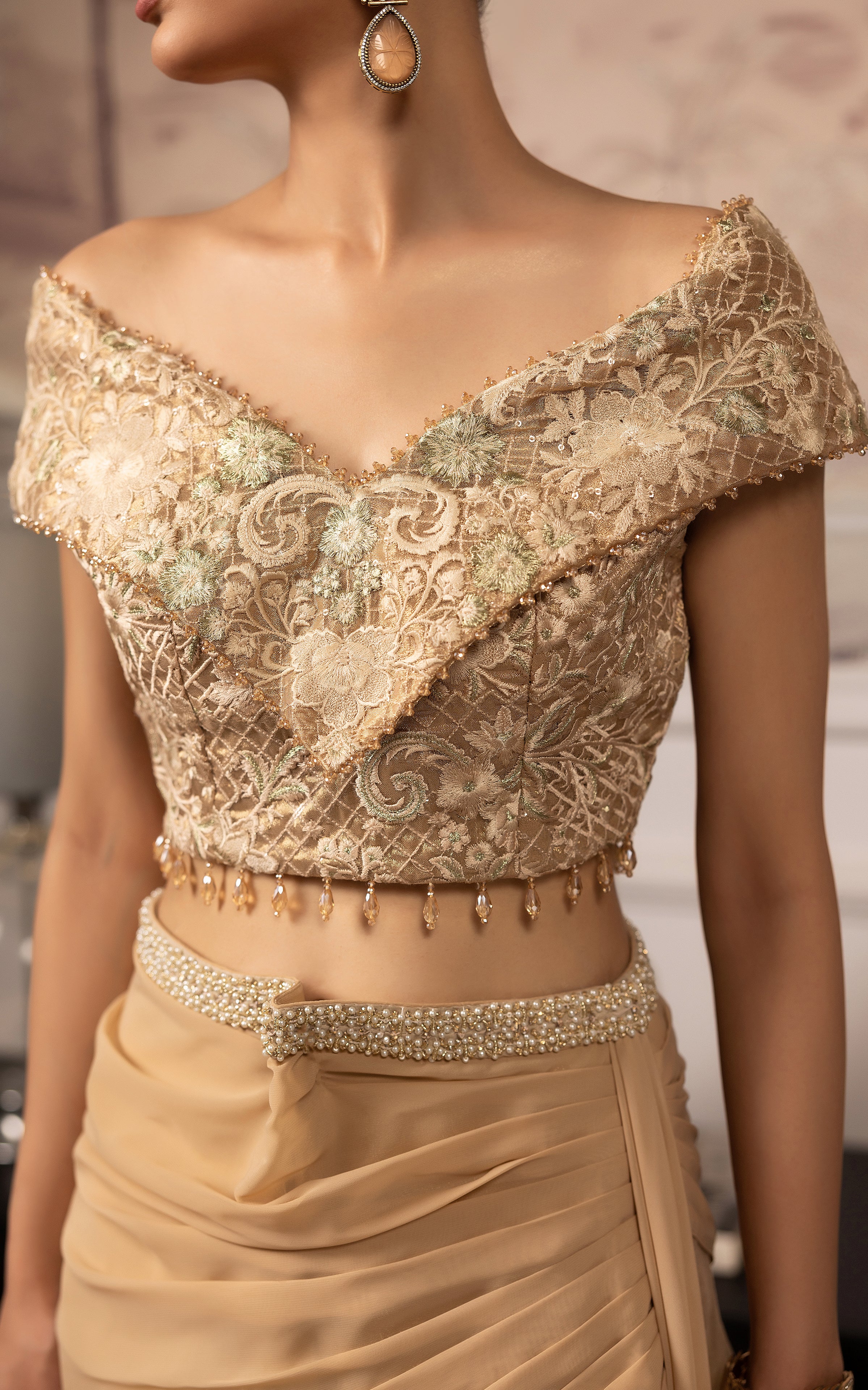 Pakistani Gold Embroidered Satin-Silk Lehenga Set (2-Piece) - Image 6