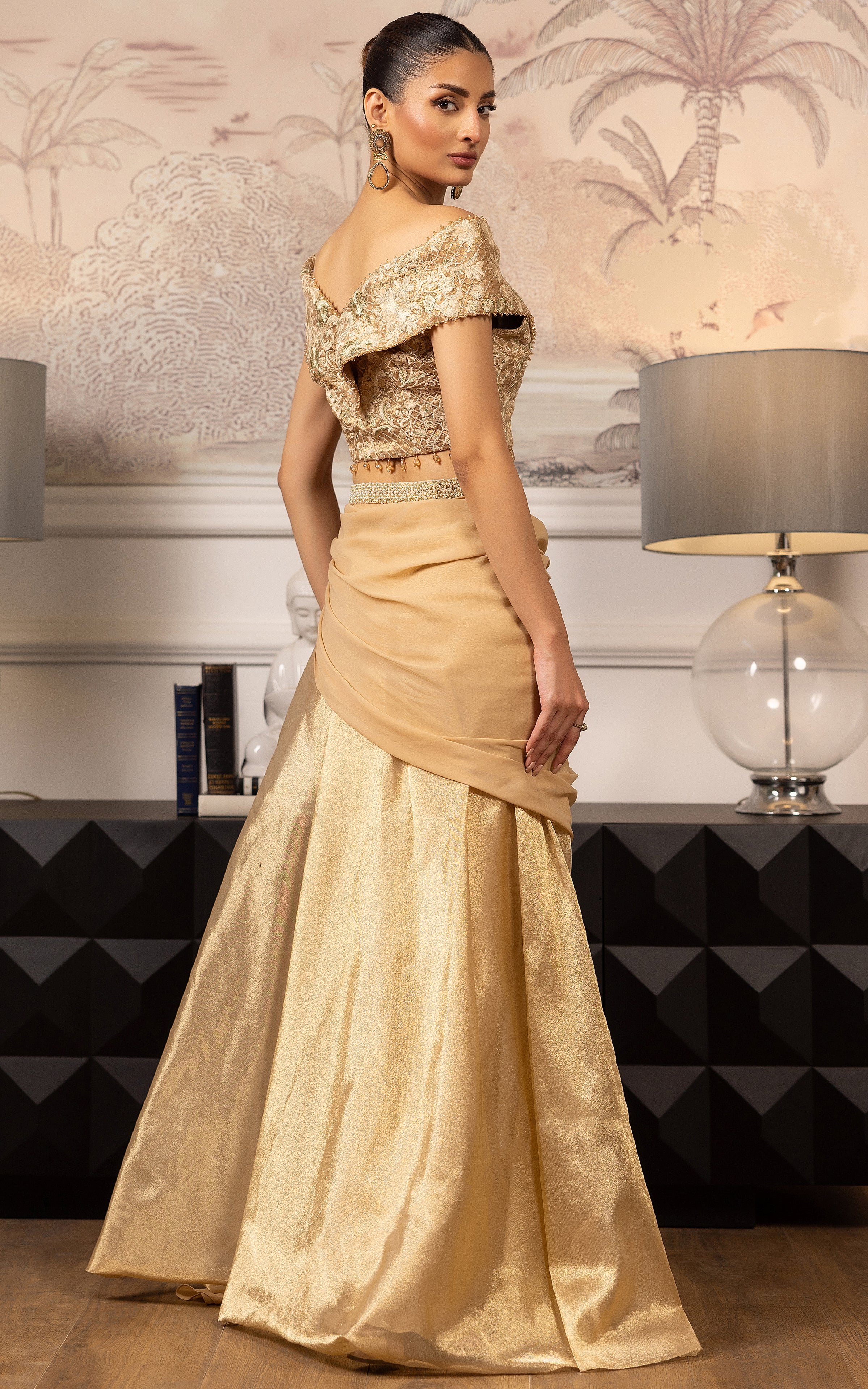 Pakistani Gold Embroidered Satin-Silk Lehenga Set (2-Piece) - Image 7
