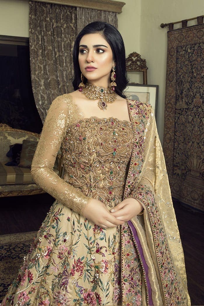 Pakistani Gold Embellished Dutch Satin Bridal Lehenga (3-Piece) - Image 2
