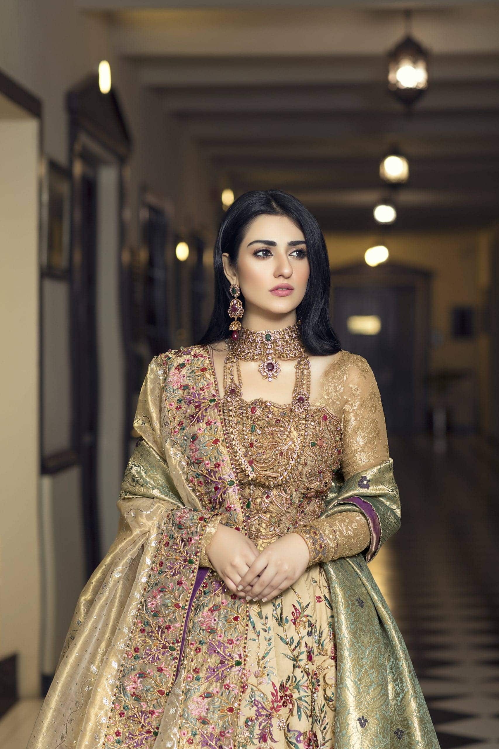 Pakistani Gold Embellished Dutch Satin Bridal Lehenga (3-Piece) - Image 3