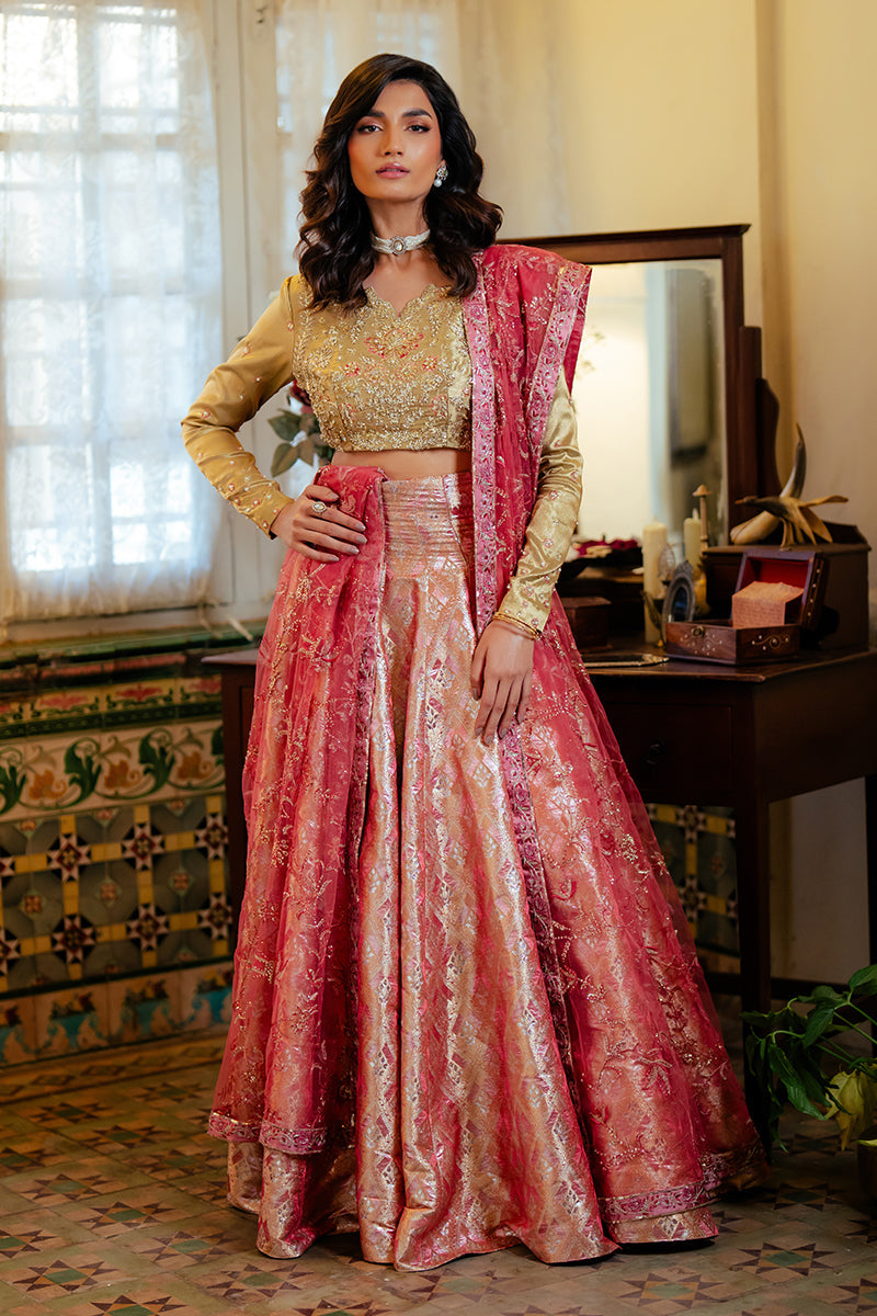 Pakistani Gold Embroidered Satin Zari & Jamawar Lehenga (3-Piece) - Image 1