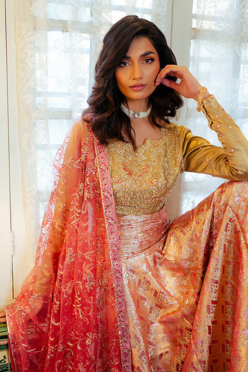 Pakistani Gold Embroidered Satin Zari & Jamawar Lehenga (3-Piece) - Image 2
