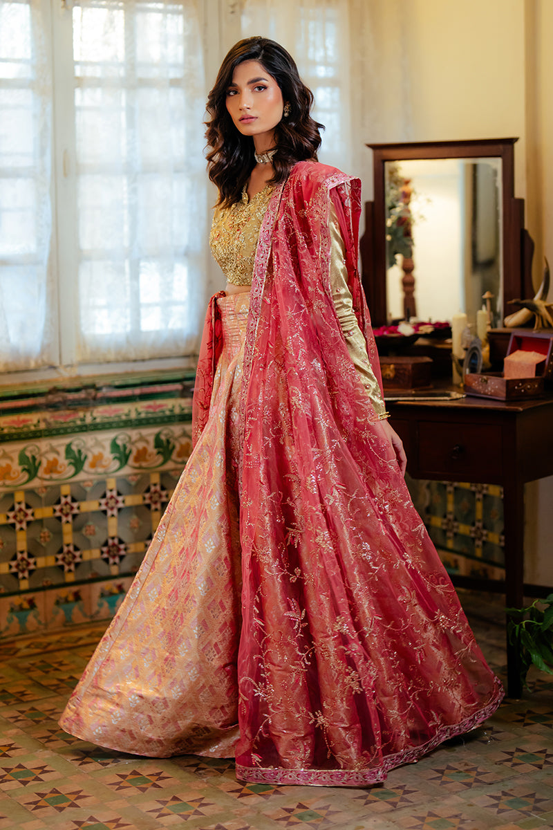 Pakistani Gold Embroidered Satin Zari & Jamawar Lehenga (3-Piece) - Image 3