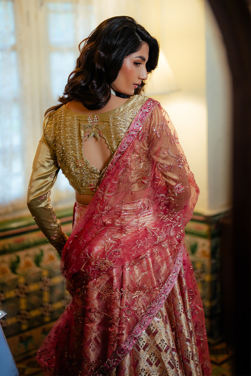 Pakistani Gold Embroidered Satin Zari & Jamawar Lehenga (3-Piece) - Image 4