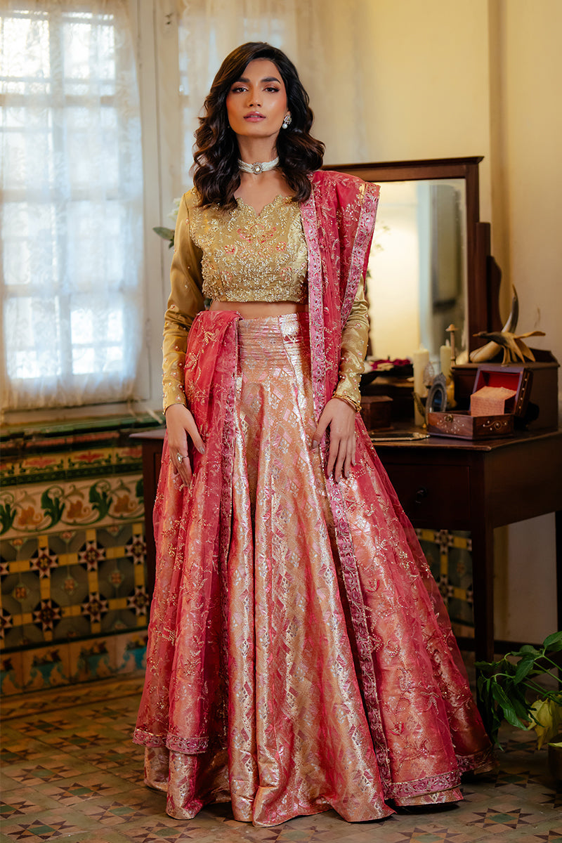 Pakistani Gold Embroidered Satin Zari & Jamawar Lehenga (3-Piece) - Image 5