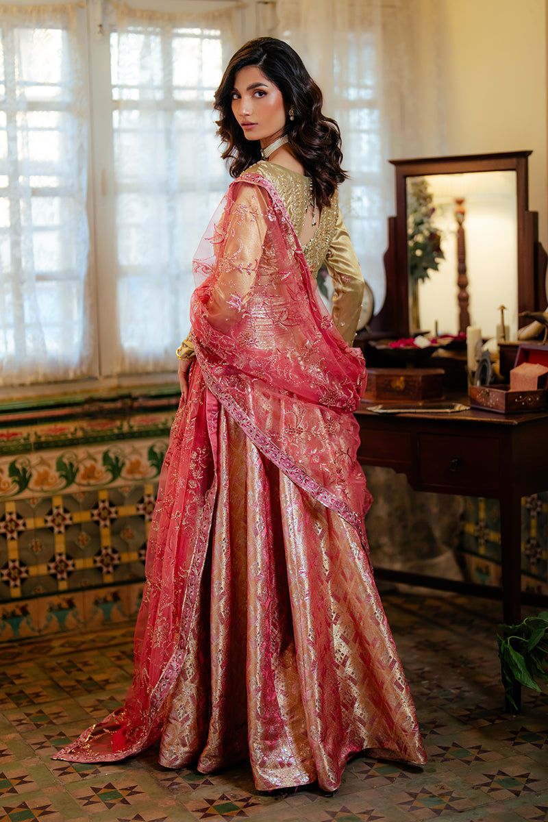 Pakistani Gold Embroidered Satin Zari & Jamawar Lehenga (3-Piece) - Image 6