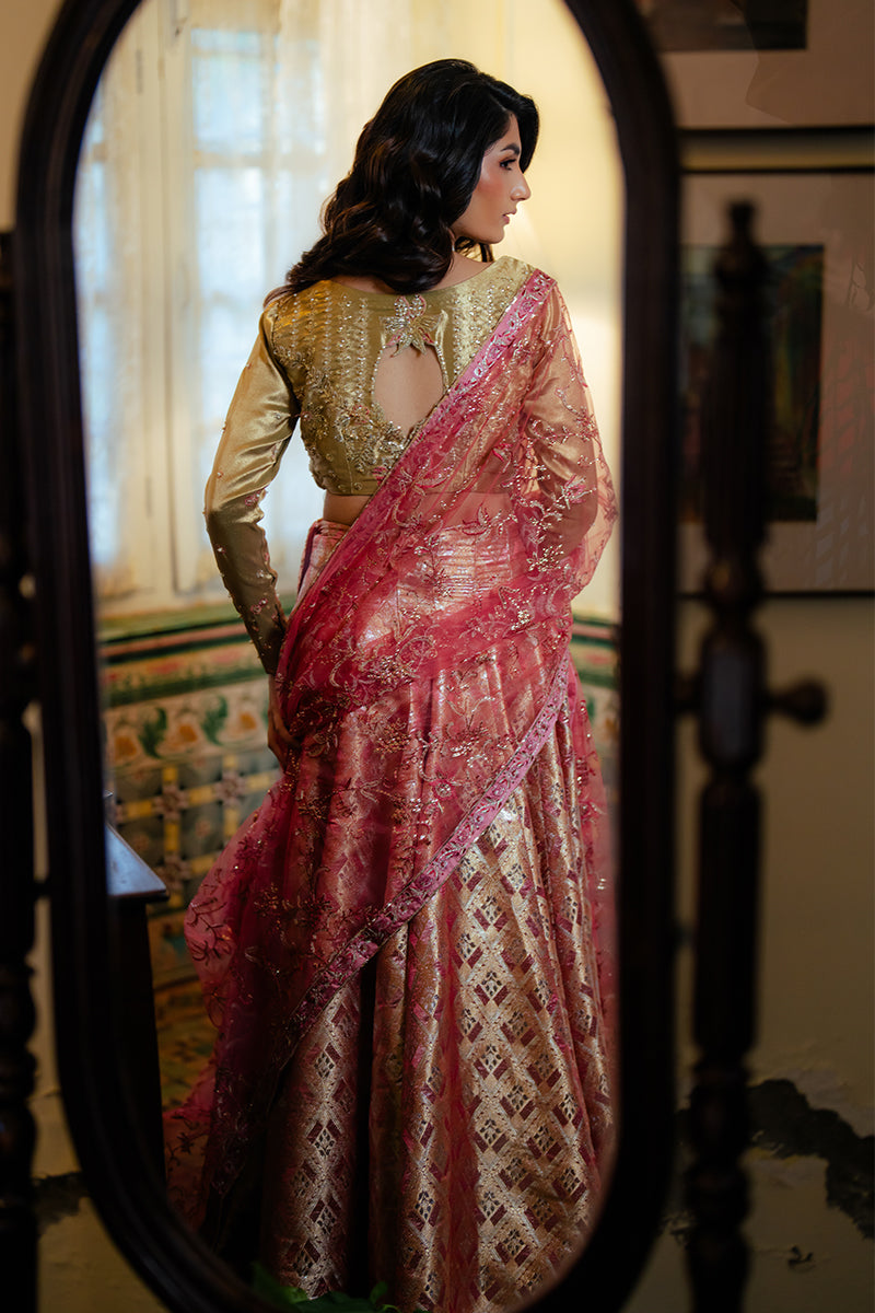 Pakistani Gold Embroidered Satin Zari & Jamawar Lehenga (3-Piece) - Image 7